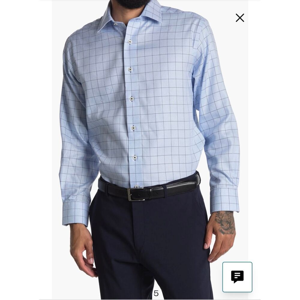 Lorenzo Uomo Light Blue Oxford Windowpane Trim Fit Dress Shirt Size 17 34/35